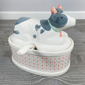 Vintage Himark Peaches N Cream Ceramic Cow Serving Soup Tureen Dish with Latel